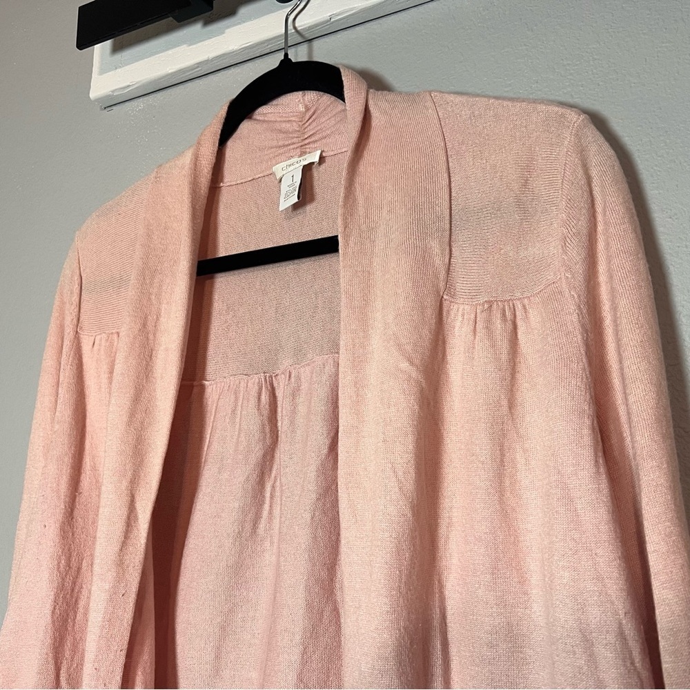 Chicos Open Front Cardigan Sweater Light Pink Silk Blend Size 1 Medium US 8
